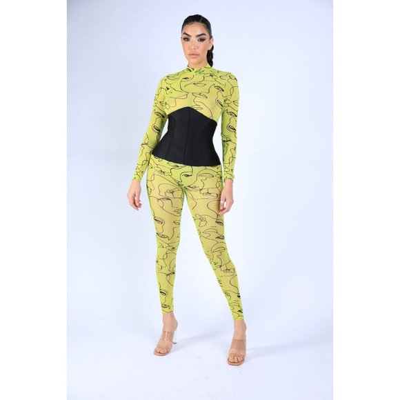 Boutique Pants - Face Contour Drawing Mesh Skinny Jumpsuit Long Sleeve Neon Yellow Mock Neck